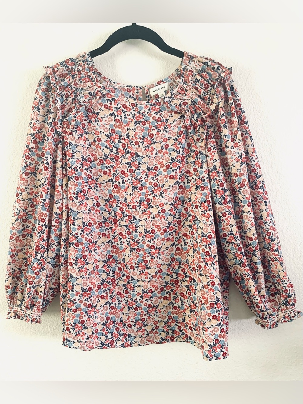Max Studio Womens Multicolor Floral Print Long Sleeve Blouse  Size Large